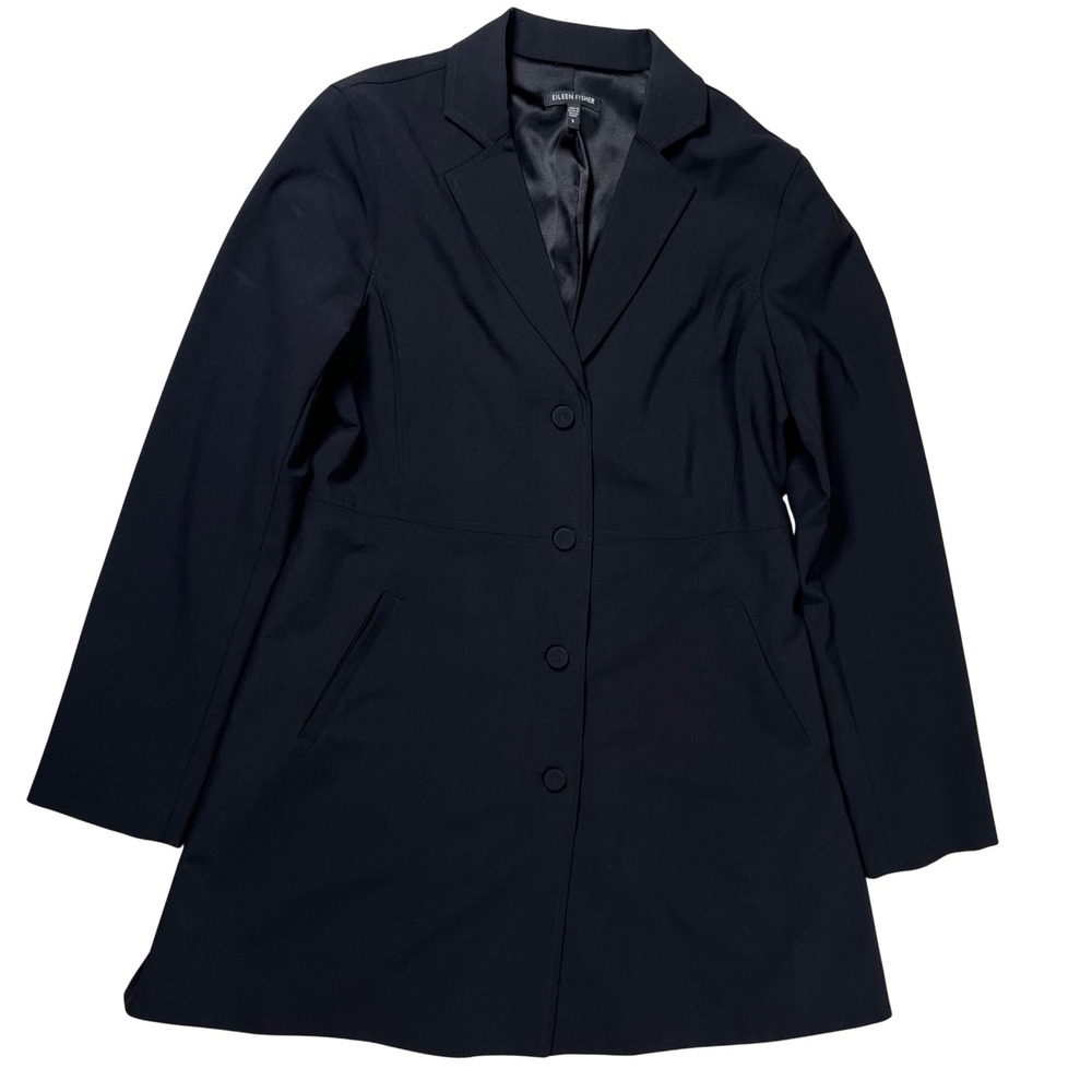 Eileen Fisher Blazer Womens Small Black Italian Wool Silk Lined‎ Longline Jacket